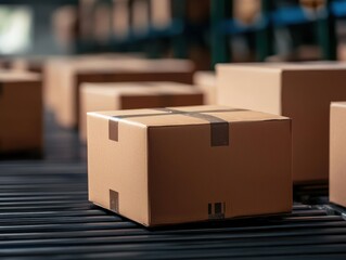 cargo management tracking security. Cargo packages with embedded IoT tracking devices and anti-tamper seals in a secure warehouse