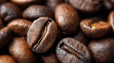 Fototapeta premium Close-up of roasted coffee beans, showcasing their rich brown tones, subtle variations in shade, and the characteristic central fissure. The beans are densely packed together