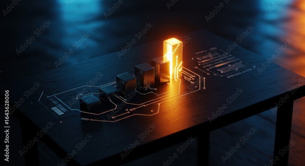 Aufkleber glowing digital bar chart on a dark table, connected by futuristic circuit lines. concept of growing