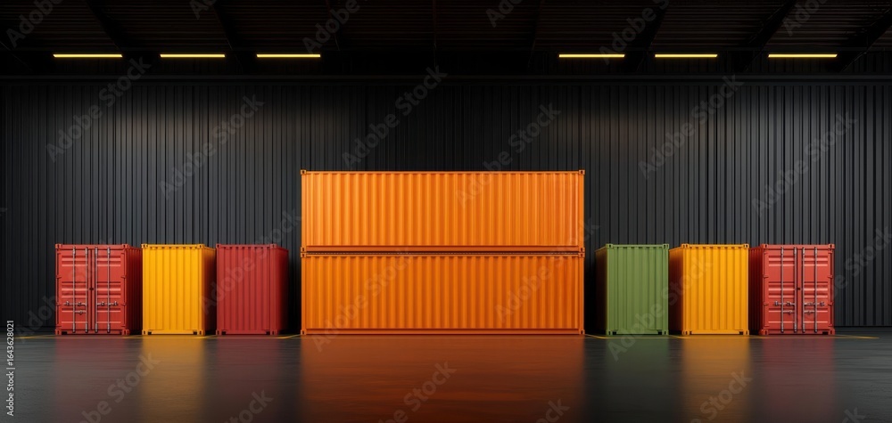 Poster cargo management tracking security. warehouse interior with secure containers and digital displays s