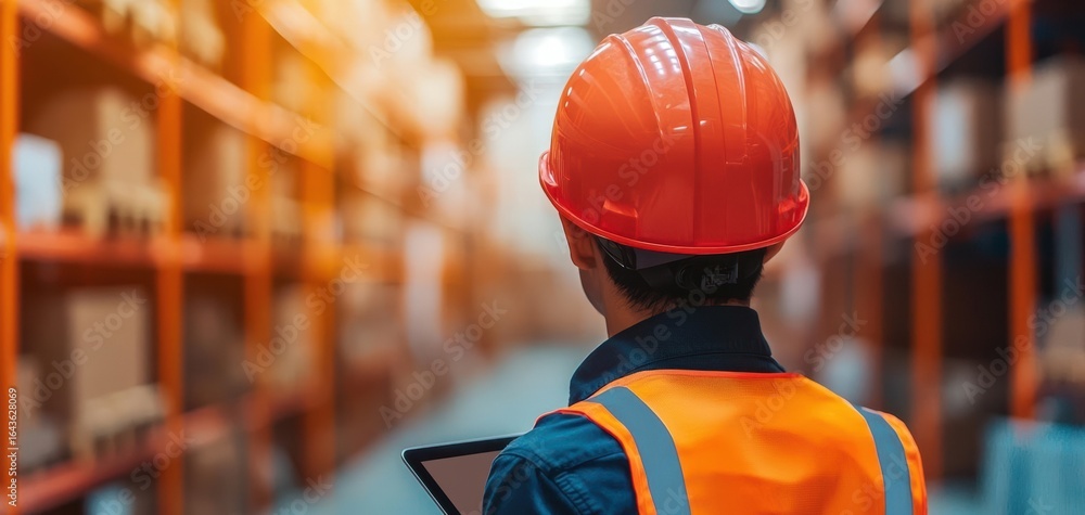 Poster cargo management tracking security. worker using a tablet displaying real-time cargo tracking and se
