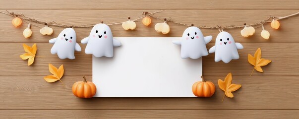 A festive display featuring cute ghost decorations, pumpkins, and autumn leaves, creating a playful Halloween atmosphere with an empty space for messages.