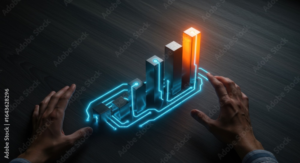 Fototapete man with glowing circuit on bar graph showing growth. business success and data analysis with techno
