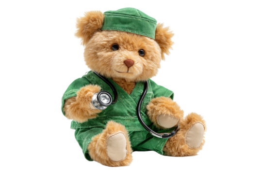  Teddy Bear Surgeon in Green Scrubs Holding Stethoscope, Sitting Position, Isolated on Transparent Background - Powered by Adobe