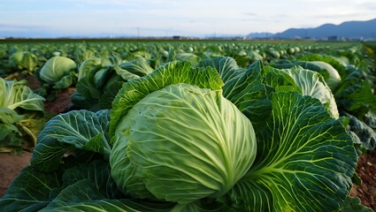Obraz premium Vibrant Field of Cabbage Heads Ready for Harvest Fresh Green Vegetables in Agricultural Landscape