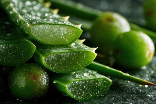 Close-up of sliced aloe vera leaves and small, round green fruits, glistening with water droplets on a dark surface