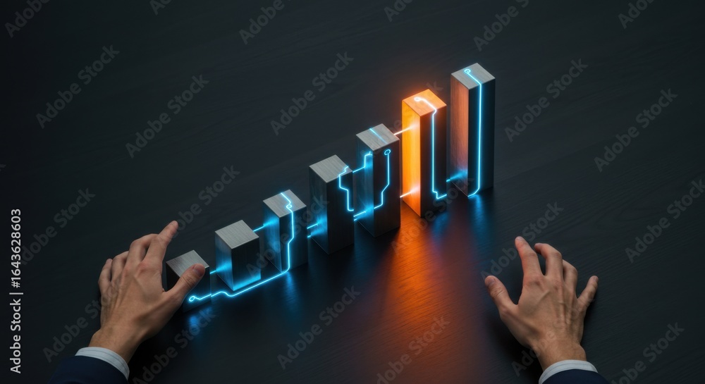 Aufkleber man's hands hover near glowing bar chart. powering economic growth and data analysis. concept for bu