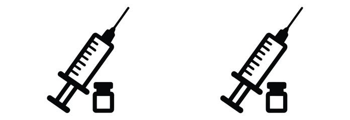 Vector art of two vaccine injection icons isolated on white background, featuring syringes and vials, symbolizing medical treatment, immunization, and healthcare solutions for disease prevention