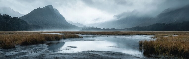 A Foggy Mountain Valley with a Still Creek and Tall Grass