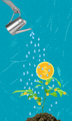 Art collage, Watering a money plant with growth potential thrives in a vibrant blue background © beast01