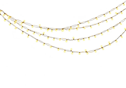 A string of warm yellow fairy lights curved isolated on transparent background