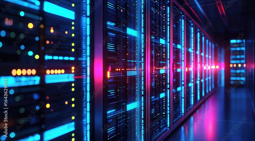 Poster modern data center with glowing blue and pink led server racks showcasing high performance computing