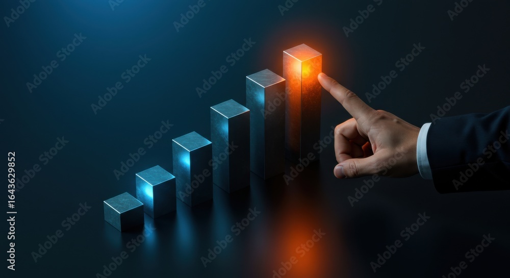 Aufkleber man’s hand about to touch glowing bar in a growth chart. business progress statistics with rising co