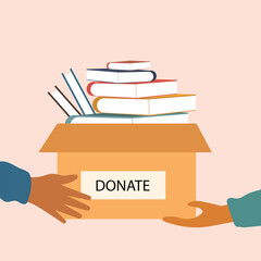 Fototapeta premium Hand giving and receiving donation box with full of books. cardboard box with books for donation international book giving day vector illustration