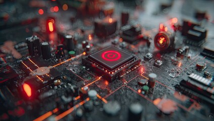 Close-up of a circuit board with glowing red components and a central processor