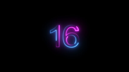 A dynamic glowing neon number 16 illustration . on a black background. and creating a stunning illustration .4k illustration .	
