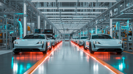 Fototapeta premium Luxury Sports Cars in Bright Modern Automotive Factory Interior 
