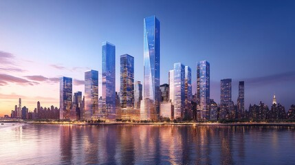 Obraz premium Modern Skyscrapers at Sunset Along a Waterway