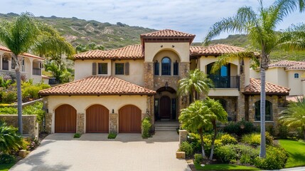 Fototapeta premium Luxury Mediterranean House Exterior with Palm Trees