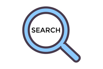 magnifying glass and search text. Magnifying glass icon representing search, zoom, and investigation concepts. Commonly used in user interface (UI) design, search engines, and data analysis visuals.