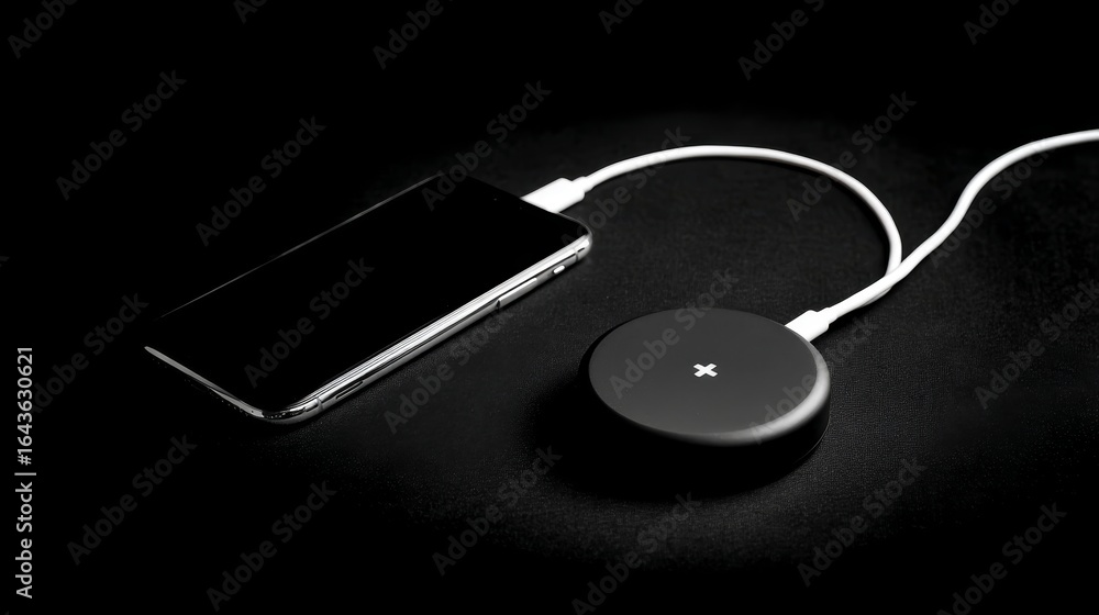 Poster sleek black wireless charger with smooth matte finish for smartphones on dark background with copy s