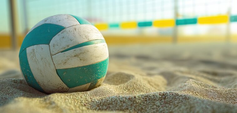 The vibrant beach volleyball resting on soft sandy terrain.