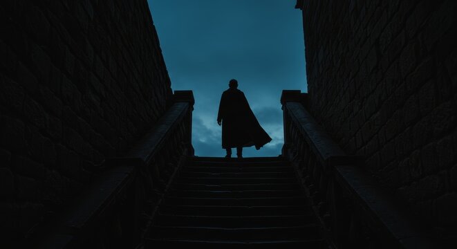 Silhouette figure on staircase evokes mystery and journey under a twilight sky