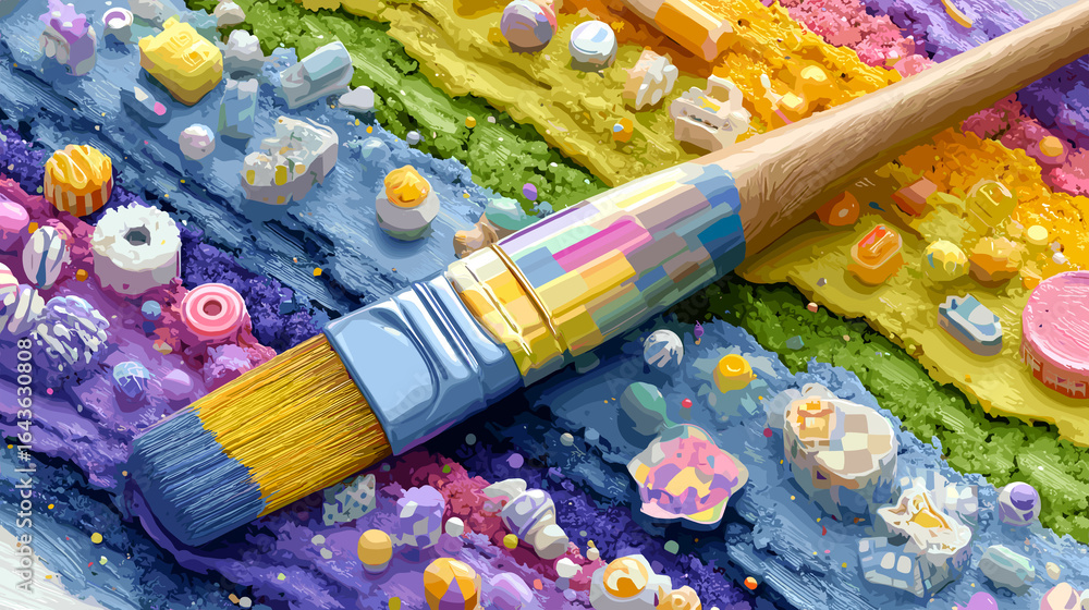 Poster a paintbrush is on a colorful surface with many different colored objects. the brush is blue and yel