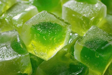 Close-up of translucent, vibrant green, cube-shaped candies glistening with moisture, piled closely together
