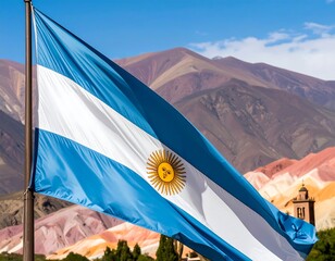 Argentine flag waving over colorful mountains