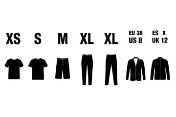 Black clothing silhouettes with size and international sizing labels