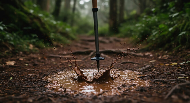 Mud Splatter on Hiking Trail Trekking Pole in Action