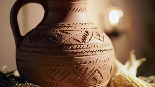 Close-up of an ancient handcrafted terracotta jug adorned with traditional carved patterns, set in a warm, rustic ambiance.