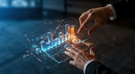 Male hands interacting with a virtual bar chart showing business growth and data analysis. Financial projection concept.