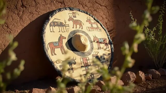 A round, culturally decorated object with stylized animal paintings, leaning against a rustic adobe wall in an outdoor, sunlit environment.