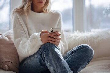 Obraz premium Young woman sitting indoors using a smartphone in a cozy casual outfit