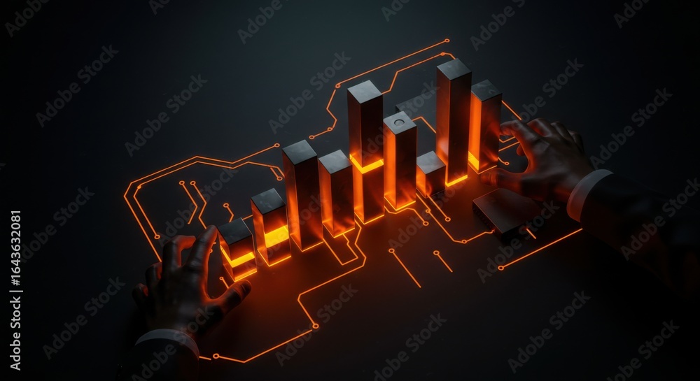 Fototapete man interacting with glowing orange bar graph and circuit lines on dark background. digital data vis