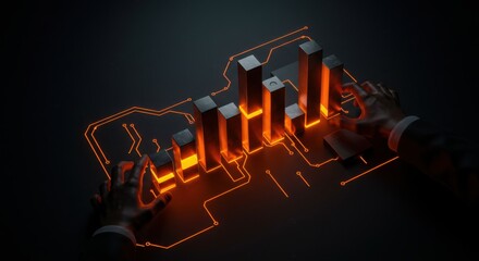 Man interacting with glowing orange bar graph and circuit lines on dark background. Digital data visualization for business analysis and growth concept.