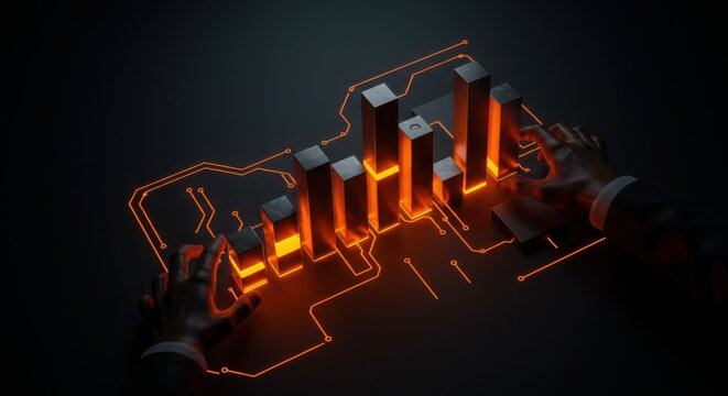 Man interacting with glowing orange bar graph and circuit lines on dark background. Digital data visualization for business analysis and growth concept.