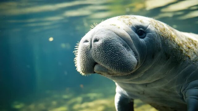 Underwater close-up of manatee in clear water