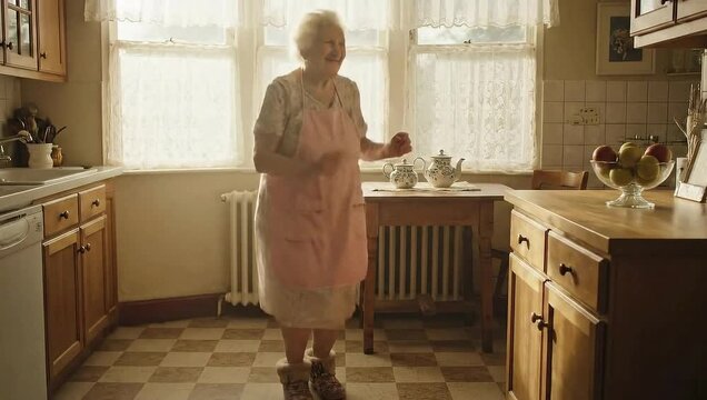 A happy and carefree elderly woman in a pink apron dances with joy by herself in her cozy and sunlit kitchen reminiscing about her youth and enjoying life