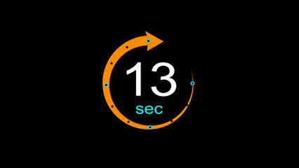 Abstract clock icon illustration. arrow clock  icon Digital and analog clock 13 sec isolated on black background. and creating a stunning illustration.4k illustration