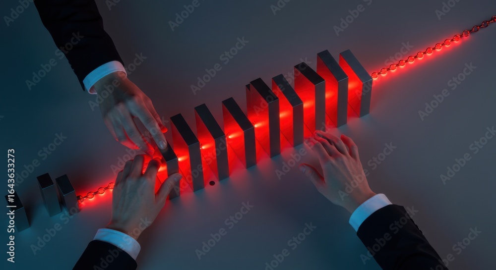 Poster two hands touching illuminated dominoes with a chain, illustrating interconnectedness and collaborat