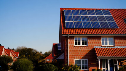 Modern Solar Panels on the Red Tiled Roof of a Brick House on a Sunny Day