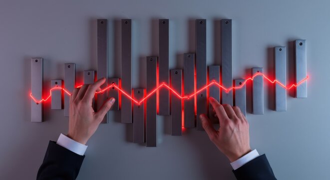 Man business hand manipulating red glowing line on bar graph, showing financial volatility, economic crisis, market downturn. - Powered by Adobe