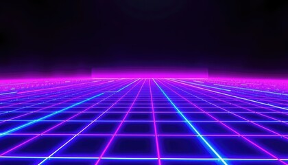 Fototapeta premium Pink and blue neon grid receding into darkness retro
