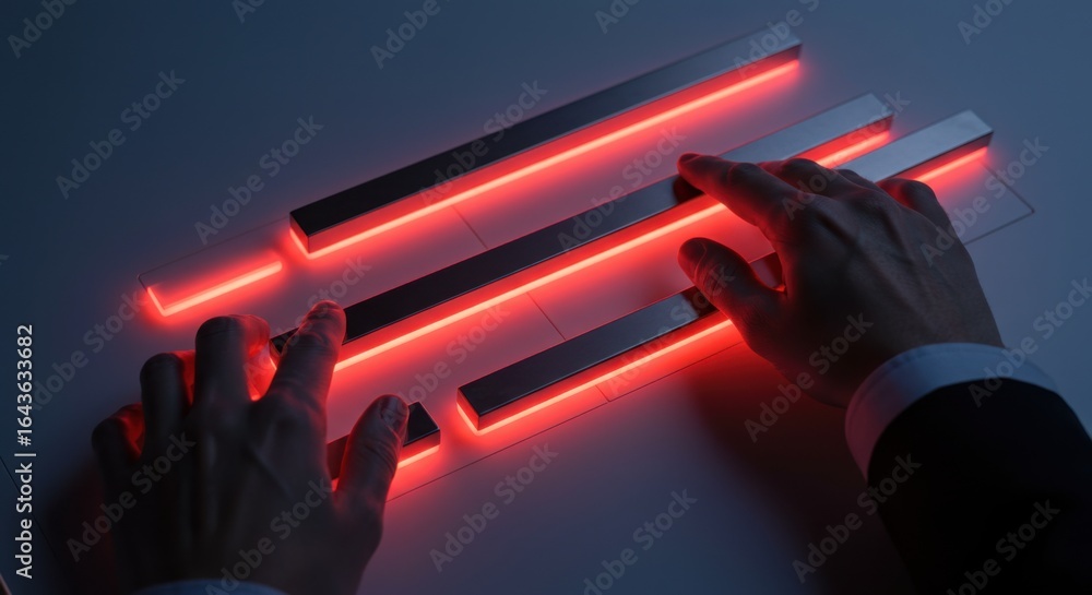 Aufkleber close up of a man interacting with glowing red bars on a transparent surface. abstract technology co