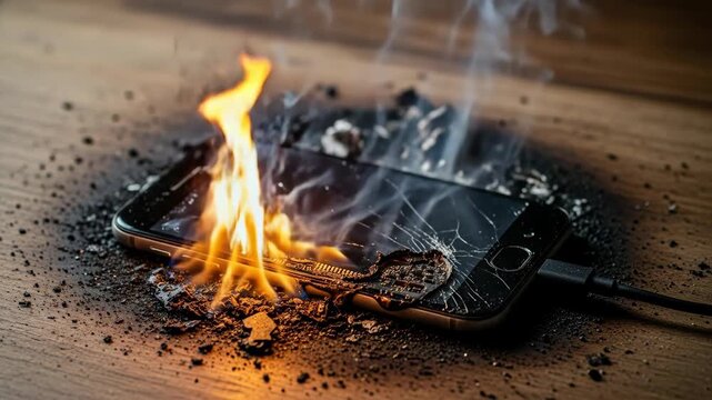 A smartphone plugged into a charger has a battery explosion and is burning with open flames on a wooden table representing a dangerous electronic equipment failure
