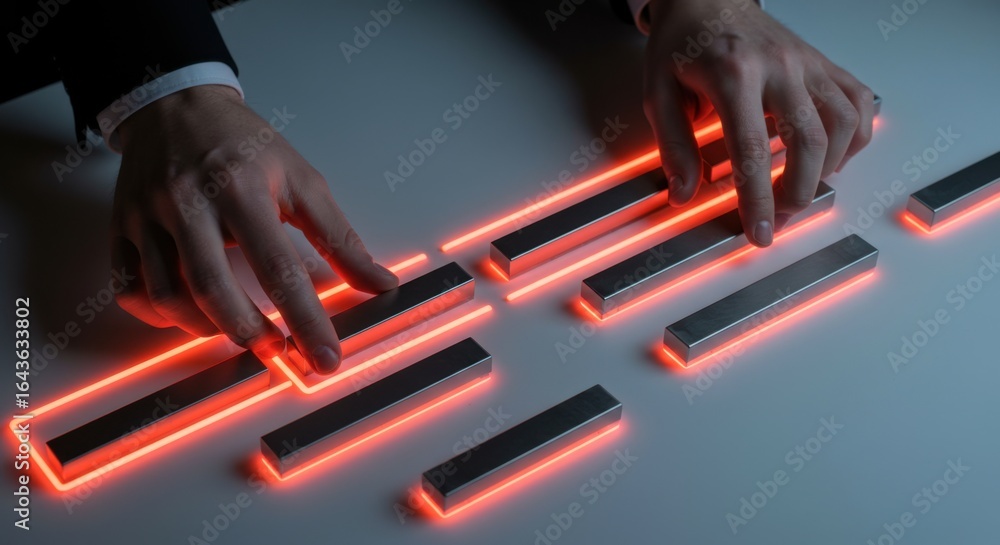 Aufkleber man manipulating glowing metal bars, creating a network. innovative digital circuit design and busin