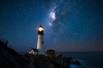 Coastal Beacon Lighthouse Under Starry Skies a Celestial Navigation Point and Ocean View at Night Landscape Photography